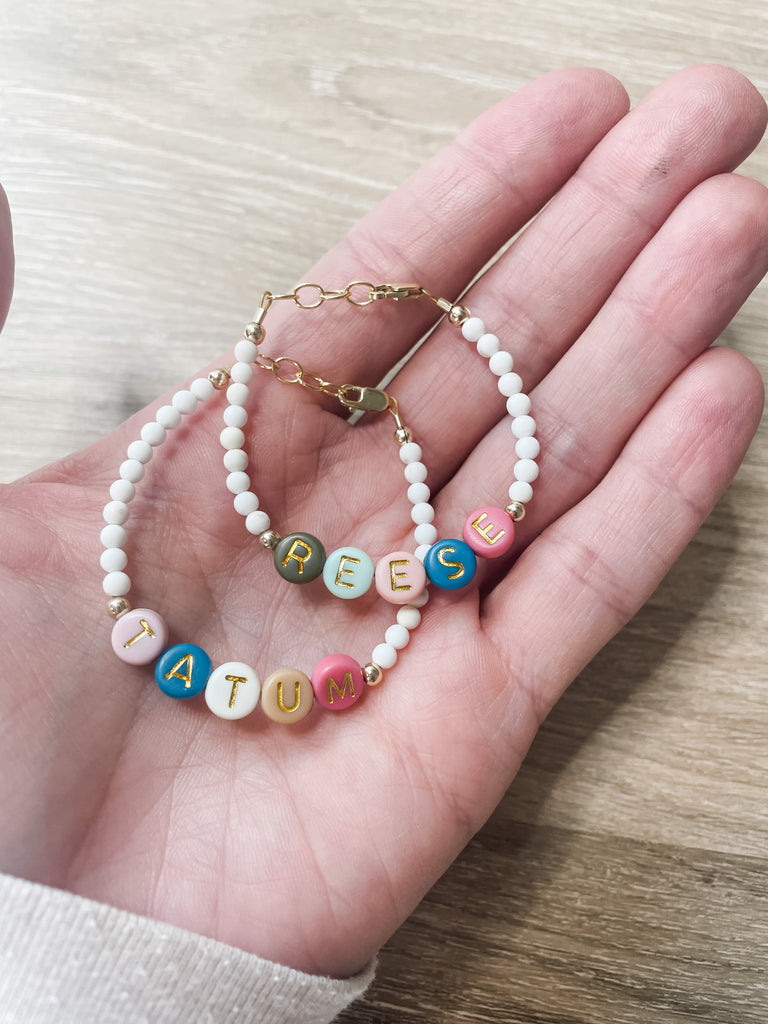 MAMA/MINI Mommy and Me Personalized Stretch Blue Beaded Letter Bead Bracelet  Set, Friendship Bracelets Custom Jewelry Gift for Mom or BFF 