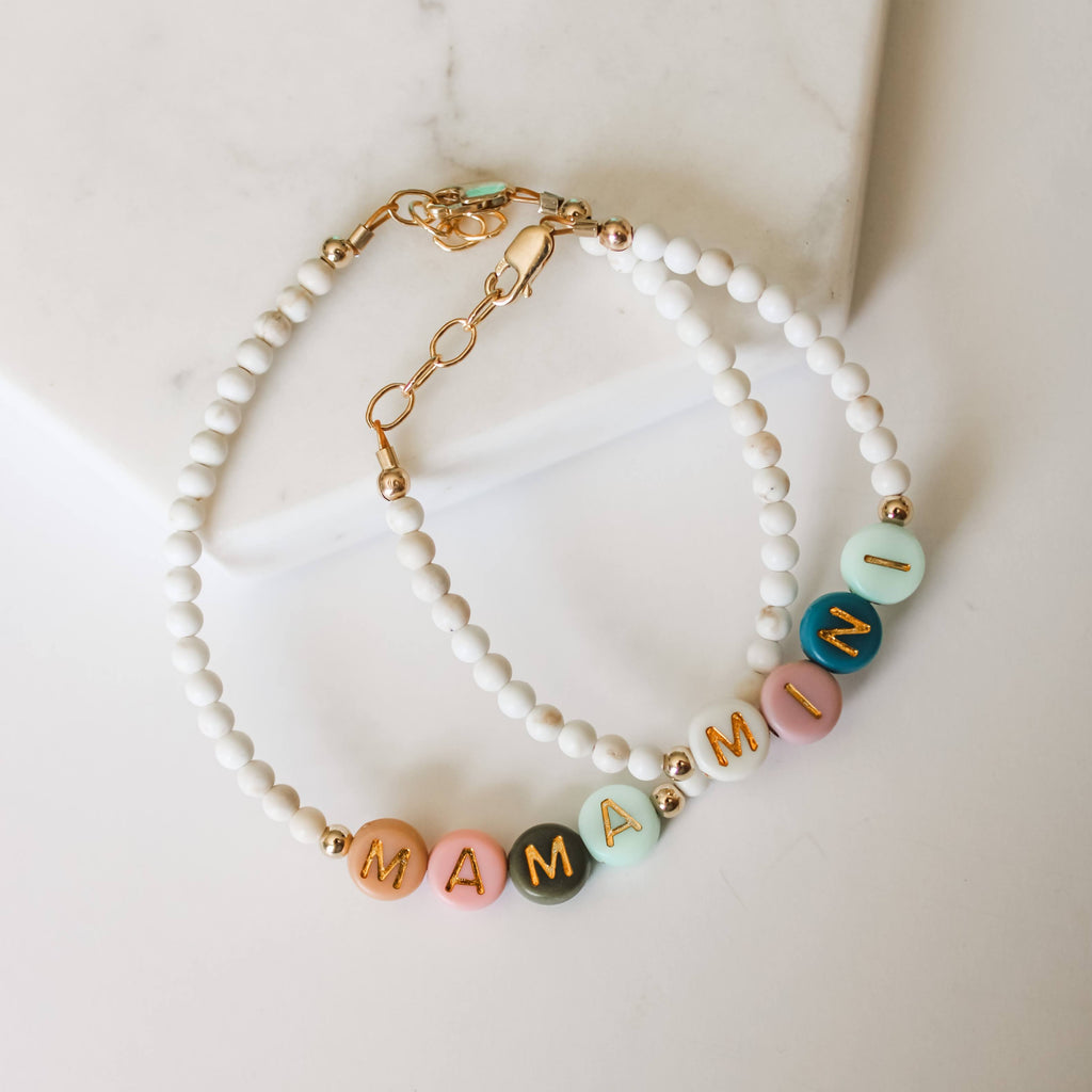 MAMA/MINI Mommy and Me Personalized Stretch Blue Beaded Letter Bead Bracelet  Set, Friendship Bracelets Custom Jewelry Gift for Mom or BFF 